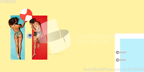 Image of Top view of young caucasian model\'s resting on beach resort