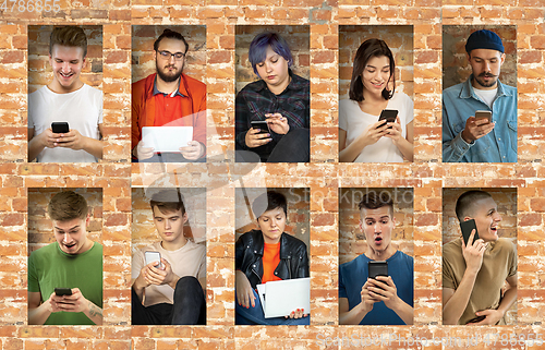 Image of Group of happy young people sharing in social media