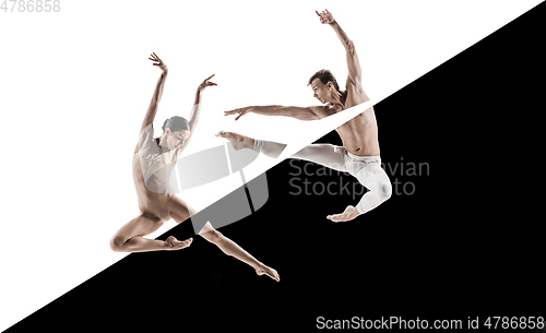 Image of Modern ballet dancers. Contemporary art ballet, black and white