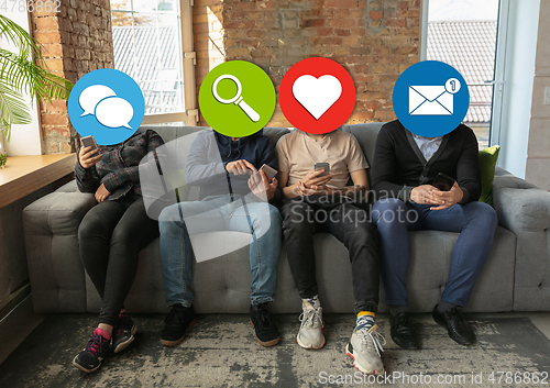 Image of Creative millenial people connecting and sharing social media. Modern UI icons as heads