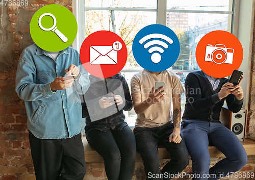 Image of Creative millenial people connecting and sharing social media. Modern UI icons as heads