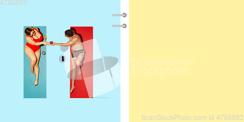 Image of Top view of young caucasian model\'s resting on beach resort