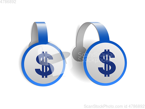 Image of dollar symbol with two vertical lines on Blue advertising wobblers.