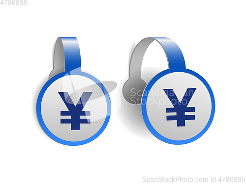 Image of Yen currency on Blue advertising wobblers. Illustration design of currency sign of japan on banner label.