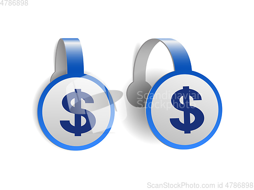 Image of Dollar symbol on Blue advertising wobblers. Illustration design of currency sign of America on banner label.