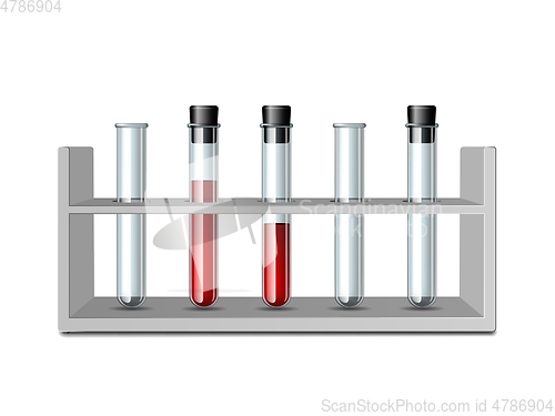 Image of Test glass tubes in rack. Equipment for Biology science, education or medical tests.