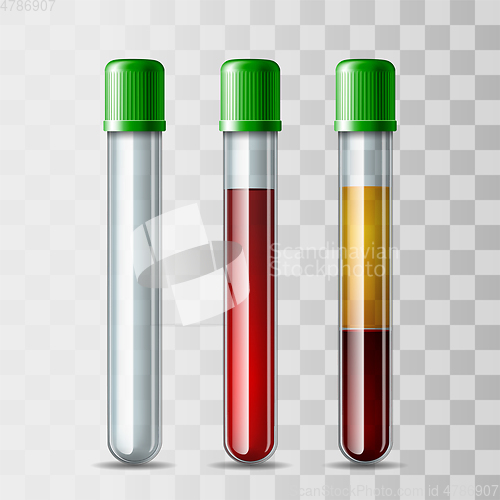 Image of Set of glassware tube empty, filled blood and Fractioned blood in vitro, plasma and layers red blood cells.