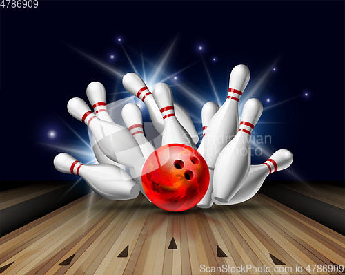 Image of Red Bowling Ball crashing into the pins on bowling alley line. Illustration of bowling strike