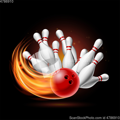 Image of Red Bowling Ball in Flames crashing into the pins on a Dark Background. Illustration of bowling strike.