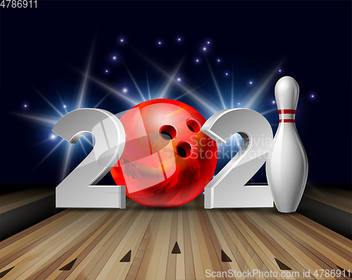 Image of New Year numbers 2021 with bowling ball and white bowling pin with red stripes.