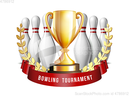 Image of Bowling Game Award. Bowling Ball with and white bowling pin and Golden Cup.