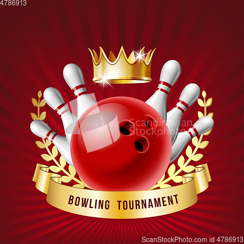 Image of Bowling sport emblem with red glossy ball, bowling pins and white ribbon for lettering.