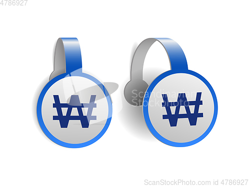 Image of Korean won symbol on Blue advertising wobblers.