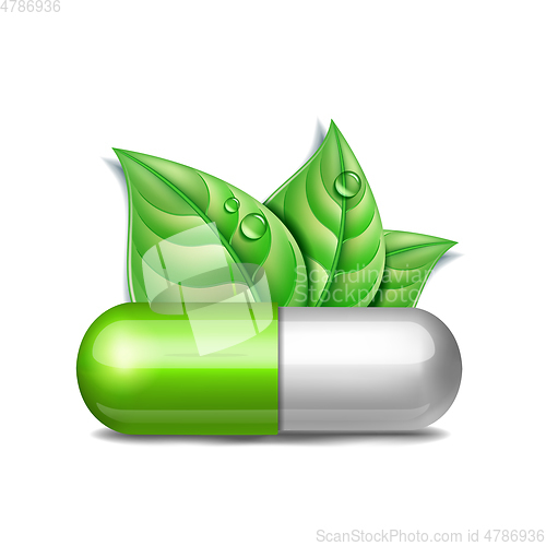 Image of Green natural medical pill with green leaves. Pharmaceutical vector symbol with leaf for pharmastore