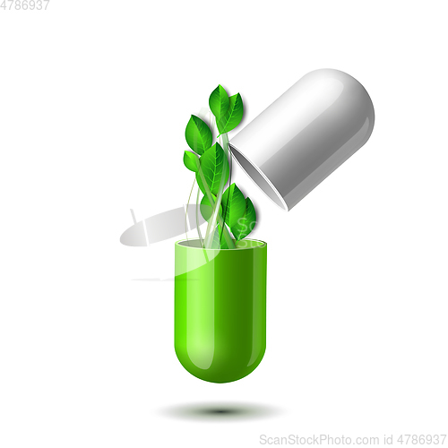 Image of Green natural medical pill with green leaves. Pharmaceutical vector symbol with leaf for pharmastore