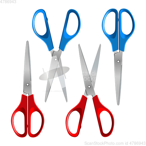 Image of Scissors with red and blue plastic handles, open and closed, isolated on white