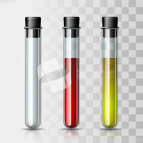 Image of Set of transparent glass chemical laboratory test tubes empty and with red and yellow liquid.