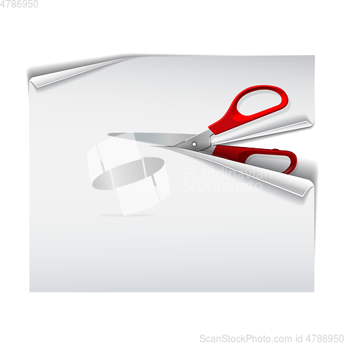 Image of Scissors with red plastic handles cutting white paper sheet