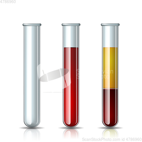 Image of Set of glassware tube empty, filled blood and Fractioned blood in vitro, plasma and layers red blood cells.