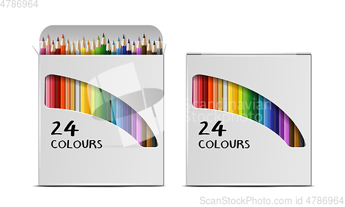 Image of Set of Vector realistic boxes of colored pencils isolated on white background.