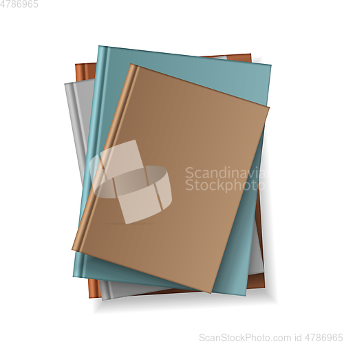 Image of Stack of blank books, top view. Various blank color books on white background