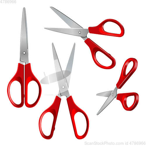 Image of Set of Scissors with red plastic handles, open and closed