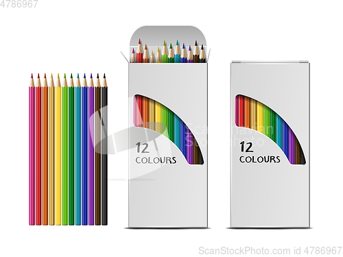 Image of Set of Vector realistic boxes of colored pencils isolated on white background.