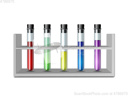 Image of Test glass tubes in rack. Equipment for Biology science, education or medical tests.