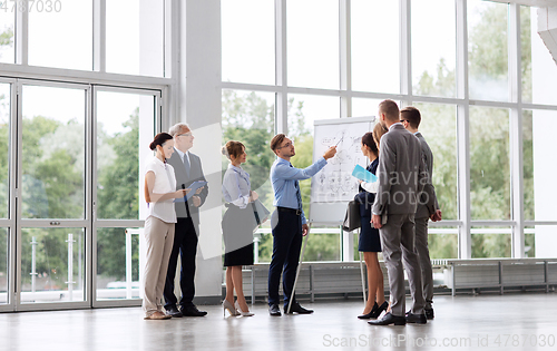 Image of business team with scheme on flip chart at office