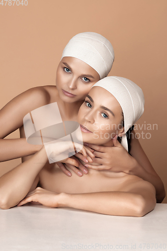 Image of Portrait of beautiful young women isolated on brown studio background