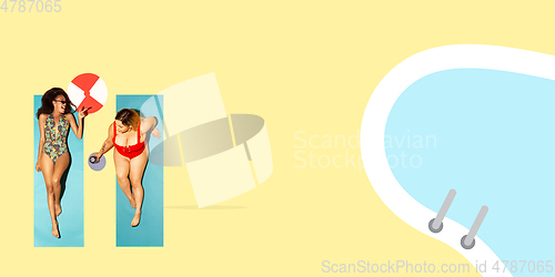 Image of Top view of young caucasian model\'s resting on beach resort