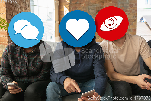 Image of Creative millenial people connecting and sharing social media. Modern UI icons as heads