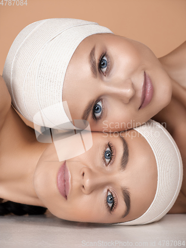 Image of Portrait of beautiful young women isolated on brown studio background