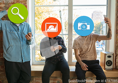 Image of Creative millenial people connecting and sharing social media. Modern UI icons as heads