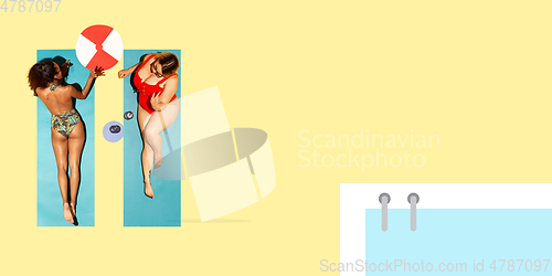 Image of Top view of young caucasian model\'s resting on beach resort