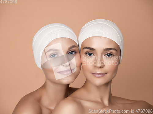 Image of Portrait of beautiful young women isolated on brown studio background