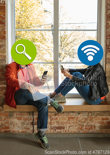 Image of Creative millenial people connecting and sharing social media. Modern UI icons as heads