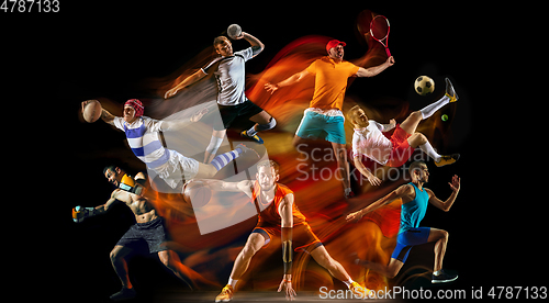 Image of Creative collage of childrens and adults in sport