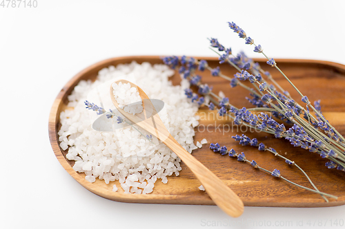 Image of sea salt heap, lavender and spoon on wooden tray