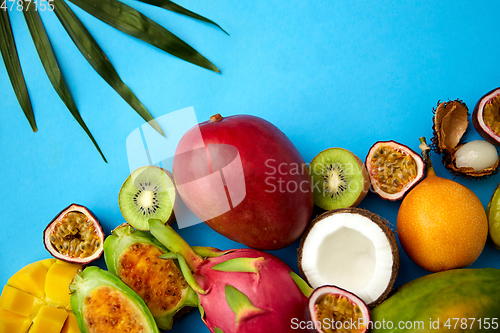 Image of different exotic fruits on blue background