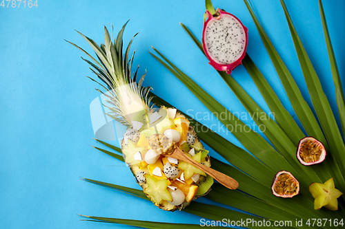 Image of mix of exotic fruits in pineapple with spoon