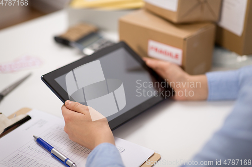 Image of hands with tablet pc and clipboard at post office