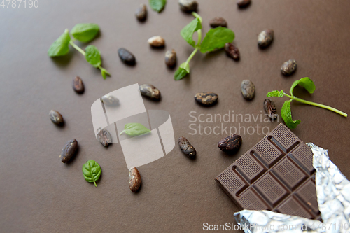 Image of dark chocolate bar with peppermint and cocoa beans