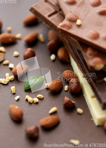 Image of close up of different chocolate bars and nuts
