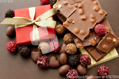 Image of close up of different chocolates, candies and gift