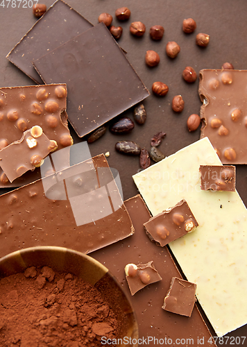 Image of chocolate with hazelnuts, cocoa beans and powder