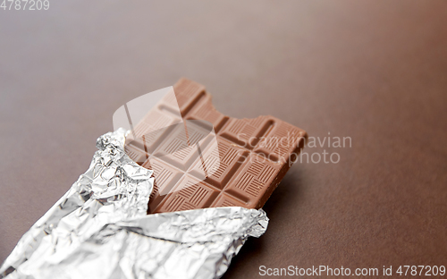 Image of chocolate bar in foil wrapper on brown background