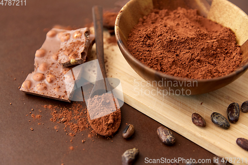 Image of chocolate with hazelnuts, cocoa beans and powder