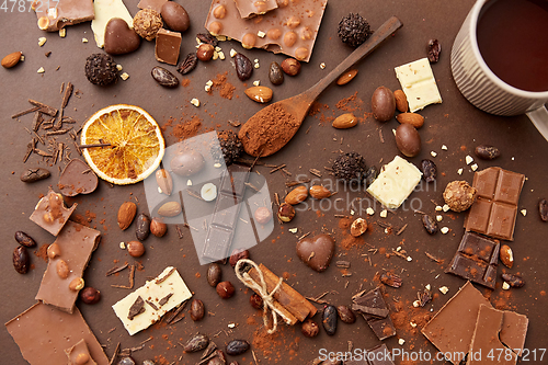 Image of hot chocolate with nuts, cocoa powder and candies