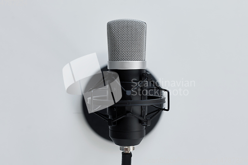 Image of close up of microphone on white background